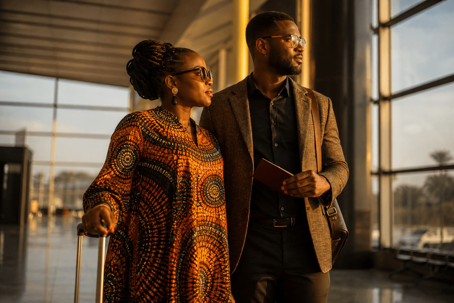 Couple à l'aéroport, prêt à partir